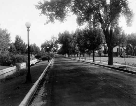 View of the Marion Street Parkway, in Denver, Colorado; shows landscaping, street lights, the City Ditch, and homes.