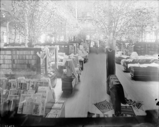 Interior view of the Daniels and Fisher store in Denver, Colorado; shows book shelves, tree branches, and racks of magazines with titles: "The American Boy," "The Etude," and "Rogers Bros."