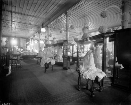 Interior view of the Daniels and Fisher store in Denver, Colorado; shows displays of women's under clothing.