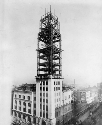 View of the Daniels and Fisher Stores Company tower, in Denver, Colorado, during construction.