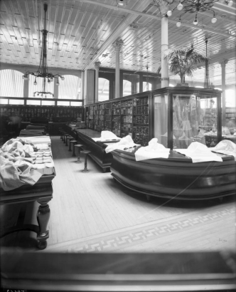 Interior view of the Daniels and Fisher store in Denver, Colorado; shows fabric, palms, glass display cases, and a wood parquet floor.