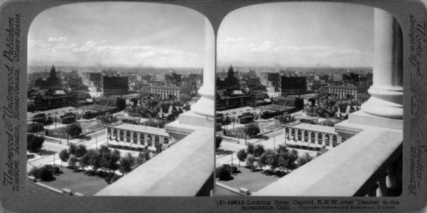 Rooftop view of downtown Denver, Colorado. Buildings include the Arapahoe County Courthouse, Majestic Building, and the YMCA Building.