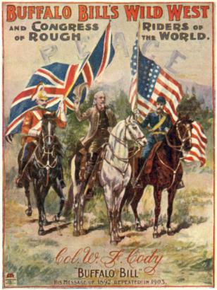 Color drawing depicting William Frederick "Buffalo Bill" Cody on horseback holding his hat in the air in his right hand. A British and an American soldier ride on either side of Cody. The British soldier carries a British flag while the American soldier carries an American flag. Lettering above the men says "Peace." Additional lettering below them reads "Col. W.F. Cody B̀uffalo Bill' His message of 1892 repeated in 1903."