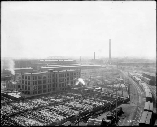 View of Denver Union Stock Yards Company cattle pens and construction of Livestock Exchange building in Denver, Colorado; also shows railroad tracks and cars, corrals of sheep, and the Omaha and Grant Smelter smokestack.