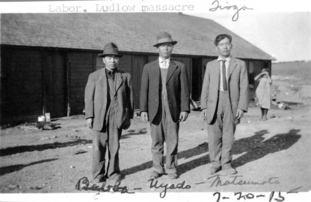 Portrait of Japanese UMWA coal miners striking against CF&I (of Ludlow), in Tioga, Huerfano County, Colorado; they are: "Bubba, Uyado, Matsumoto."