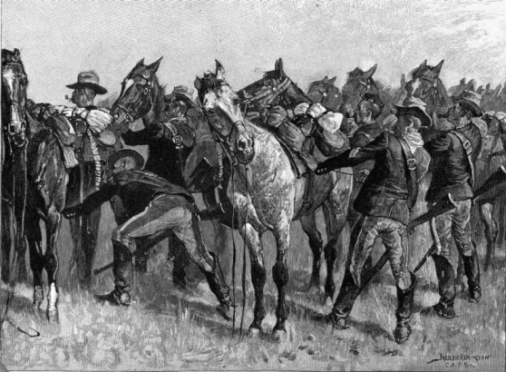 General Custer's Seventh Cavalrymen in uniforms in tall boots, rifles, and securing saddles for the battle with Native American Lakota Sioux, Crow, Northern, and Cheyenne, Little Bighorn Battlefield, June 26, 1876, Little Bighorn River, Montana.