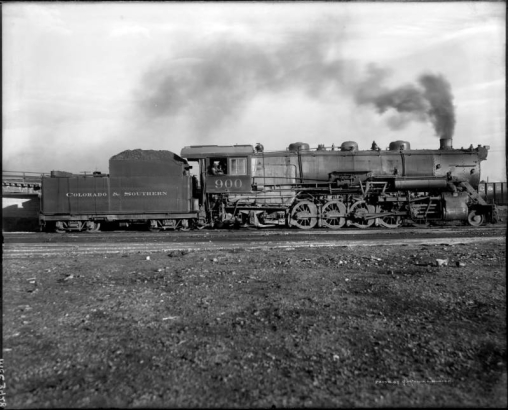 View of Colorado and Southern Railway locomotive 900; type 2-10- 2; Baldwin construction number 42082, at Denver, Colorado.