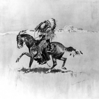 A Native American (Cheyenne) man on horseback holds a rifle and wears moccasins, fringed leggings and shirt, and a feather headdress.