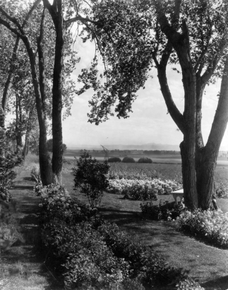 View of a garden at the George W. Gano house on South University Boulevard in Englewood (Arapahoe County), Colorado. Trees and flowerbeds are in the garden.