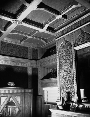 Interior view of the William Church house at 10th (Tenth) Avenue and Corona Street in the Capitol Hill neighborhood of Denver, Colorado. The walls have decorative leather work and the ceiling has ornate trim.
