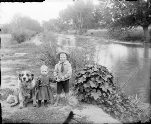 Outdoor portrait of Ida L. and Ernest L. Ballard with a Saint Bernard dog by the South Platte River in Denver, Colorado; costume includes knee pants, a sailor shirt, and a straw hat.