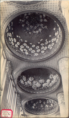View of three of the twenty-eight domes in the ceiling of the Colorado Mineral Palace, Pueblo (Pueblo County), Colorado.  Each dome is decorated with Colorado wildflowers.