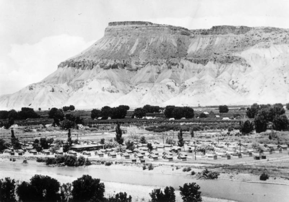 View of migrant laborers' houses near Palisade (Mesa County), Colorado. Modest frame houses are by trees and the Colorado River. Mount Garfield is in the distance.