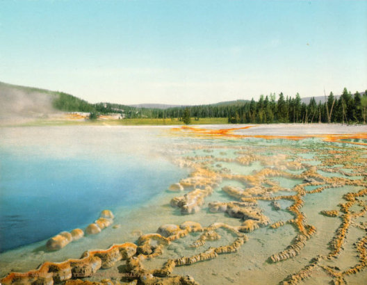 View of Sapphire Pool, a hot spring with mineral incrustations, Yellowstone National Park, Wyoming.