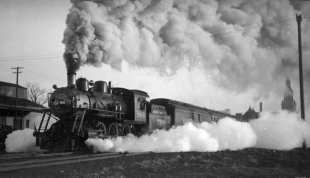 Train #610, passenger train; smoke and steam effect. Photographed: leaving Lincoln, Nebr., February 21, 1932.