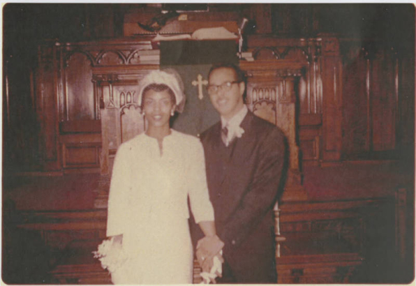 Photograph of Betty Jean Fontaine and Lawrence Borom on their wedding day at St. Marks Presbyterian Church in Cleveland, Ohio.