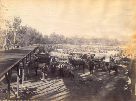 View of the city market, probably on the west bank of Cherry Creek between Champa and California Streets in Denver, Colorado. Shows vegetable stalls, wagons with produce, and customers. A pile of watermelons lies beneath a shed; customers and a policeman stand around a shattered watermelon.