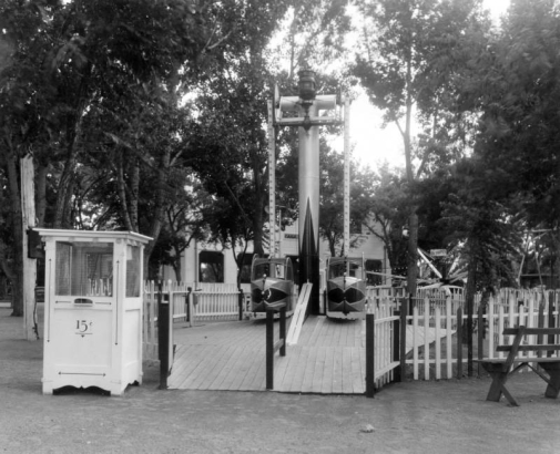 View of an attraction at Lakeside Amusement Park in Lakeside (Jefferson County), Colorado; ticket booth reads: "15 cents."