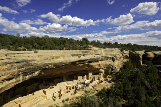 A ranger-led tour makes their way through the Cliff Palace site, which is tucked under an alcove on the mesa, at Mesa Verde National Park one afternoon. The cliff dwellings at Cliff Palace were discovered in 1888 by cowboys Richard Wetherill and Charli...