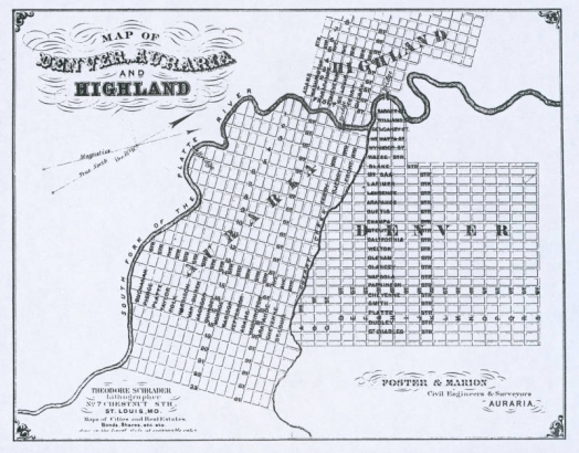 Map of Denver, Auraria and Highland