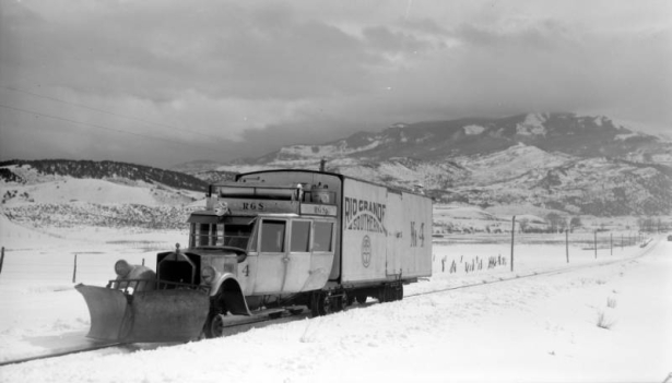 "Galloping Goose," as train #371; snowy scene. Photographed: leaving Ridgway, Colo., February 23, 1940.