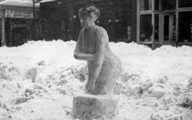 View of a nude woman sculpted from snow during the snowstorm of 1913 in Denver, Colorado.