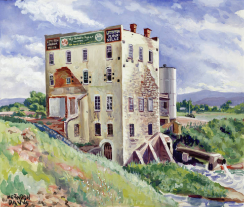 This watercolor and gouache painting shows the Littleton Flour Mills (formerly the Rough and Ready Flour Mill), Littleton, Colorado; the four story brick and native stone building has a spillway on the South Platte River bank.