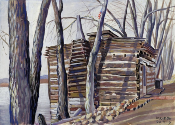 Watercolor and gouache painting shows the Eldorado Hotel, at 1249 10th (Tenth) Street, (10th near Larimer) Denver, Colorado. Built by Henri and Katrina Murat, This log building was the first hotel in the Denver area.