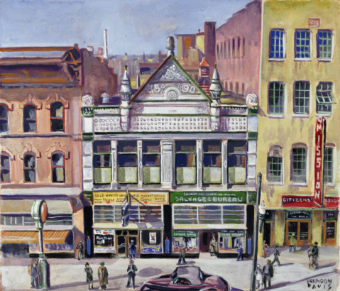 This watercolor and gouache painting shows the old Arcade, buildings at 1609-1615 Larimer Streets in Denver, Colorado; business signs read: "Gold Nugget Grill," "St. Vincent de Paul Salvage Bureau;" it features a carved stone pediment. The Arcade, a gambling establishment and saloon, was owned first by Ed Chase and then Vaso Chucovich.