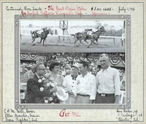 Montage shows Centennial Race Track in Littleton, Arapahoe County, Colorado. The upper photo shows the winning horse (Pet Me), the second place horse (Green Fighter), the third place horse (Blanter) and jockeys as they race at the "Great Plains Stakes." The Sponsor (Joe "Awful" Coffee) hands a trophy to the jockey (Ben Baker) and owner (C.B. McNeill) of "Pet Me" in the lower photo. A crowd of people is in the stands in the distance.