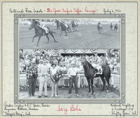 Montage of horse racing at Centennial Race track in Littleton, Arapahoe County, Colorado. The upper photo shows the winning horse (Say Boba), the second place horse (Naya's Day), the third place horse (Shifty Jean) and jockeys as they race toward the finish line. The lower photo shows the winning horse, "Say Boba", with jockey Richard Wright, owners Ponder Verdin and R.C. Jones, and trainer Lyman Rollins. Crowds of people are in the stands.