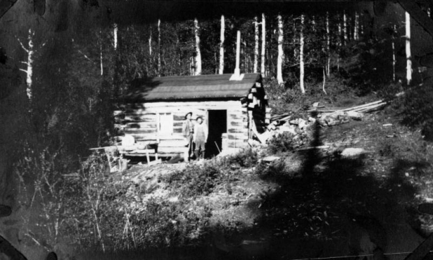Two men stand on a grassy slope outside a log cabin with a tar paper roof near the mining communty of Hahn's Peak (Routt County; also known as Poverty Bar), Colorado.  Piles of boards litter the ground behind the cabin.