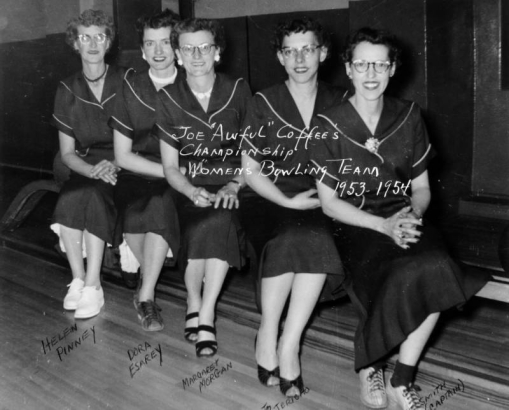 Group portrait of women in Denver, Colorado. They are (L to R) Helen Pinney, Dora Esarey, Margaret Morgan, Jo Jericho, and Dottie Smith (Captain).