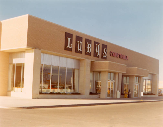 View of a restaurant at the Cherry Creek shopping center in Denver, Colorado; Plexiglas channel letters read: "Luby's Cafeteria."