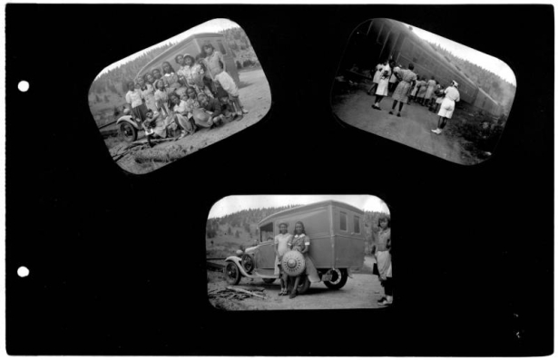 Text and annotations on album page read: "[ARL-169], [ARL-170] and [ARL-171] Camp Nizhoni." The photographic prints on album page show: group of African American campers by a truck at Camp Nizhoni; group of African American campers as they board a D.& R.G.W. train; four African American campers posed near a Ford truck at Camp Nizhoni in Lincoln Hills (Gilpin County), Colorado.
