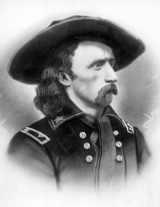 General George Armstrong Custer, head and shoulders framed portrait, wearing military uniform and hat; actual portrait made in 1865.