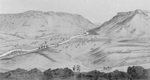 Copy of a 1860-1870 J. Bien, New York lithograph of a sketch by A.E. Mathews of Golden (Golden City), Jefferson County, Colorado, shows scattered wood frame houses, mills, sheds, businesses, fences and two bridges along Clear Creek with North and South Table Mountains flanking in distance. Three men survey the area from rocky outcroppings in foreground and a horse drawn wagon is on road below.