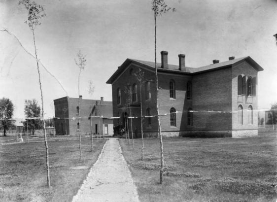 A long gravel walkway lined with new tall trees, leads to the remodeled Gunnison County Courthouse, Colorado, The two-story brick structure also houses the county jail; men and a dog pose outside the entrance. A front gable clapboard building and a two-story brick building with a flat roof are next to the courthouse. The picket fence surrounding the yard shows in background.