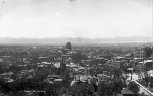 A northwestward, bird's-eye view of downtown Denver, Colorado; County Courthouse is the predominant structure at left-center of image (built 1883 at 16th & Tremont); Brown Palace Hotel at far right (opened 1892 at 17th & Broadway).