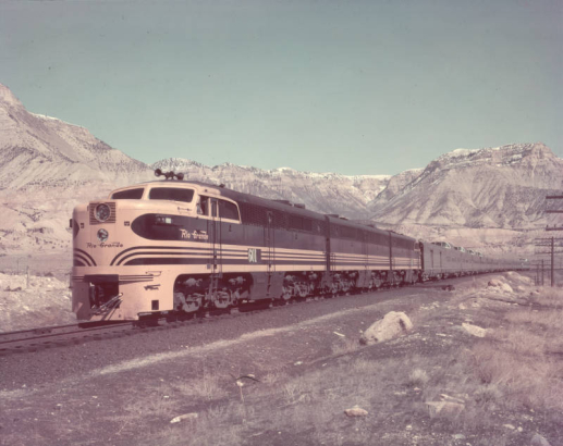 Denver and Rio Grande Western engine #601 pulls the California Zephyr westbound at the east switch in the Grand Valley, in Mesa County, Colorado.
