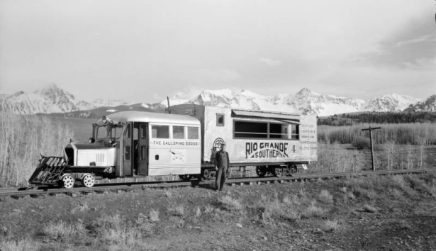 Three-quarter view of left side of motor car, from front end, close view; Galloping Goose, with C.A. Rhodes; scenic. Photographed: Peak, Colorado, May 23, 1951.
