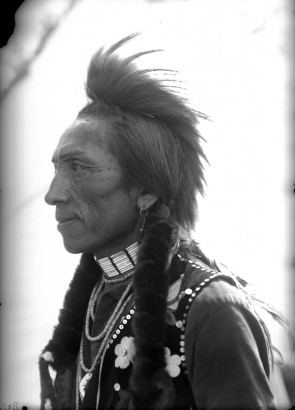 Louis Charlemain, a Native American man on the Flathead Indian Reservation in western Montana, poses for a formal, side-angle, bust portrait. He wears a fur roach on the top of his head. Strips of fur are wrapped around his long braids. He has an earring in his left ear and wears several beaded necklaces. His vest has beaded flowers decorating it. Charlemain also has markings under his eyes, possibly tattoos or paint. He is also known as Louie Molman.
