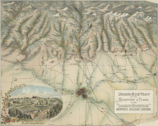 Bird's eye view of the mountains & plains from "Lookout Mountain" Denver's summer resort.