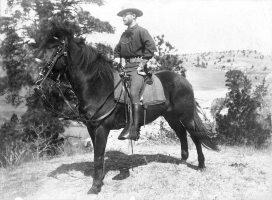 A cavalryman of the 6th Division of the U.S. Army poses on horseback in the foreground. He wears riding boots and gloves. Several trees are in the midground behind him, and a ridge is in the distance.
