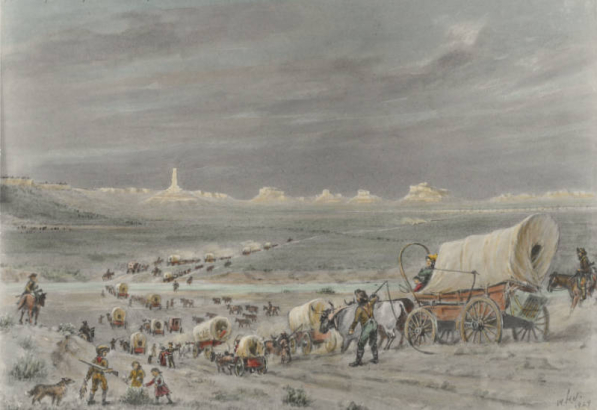 A wagon train moves towards the North Platte River and Chimney Rock, on the Oregon Trail, in Morrill County, Nebraska. Shows Conestoga wagons pulled by oxen, a herd of horses, men on horseback, and women and children. A boy holds a rifle and a dead rabbit and two young girls pick wildflowers. Rock formations are in the distance.