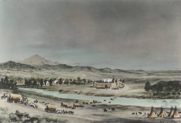A wagon train on the Oregon Trail approaches Fort Laramie in Goshen County, Wyoming. Oxen drawn Conestoga wagons ford the Laramie River. North American Indian tipis are on both sides of the river. The adobe fort has towers and battlements. Laramie Peak is in the distance.
