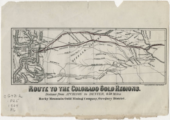 Small scale map that shows entire Colorado gold region and labels some mining districts (excludes Pike's Peak). Includes northern overland stage route, Arkansas River Route, proposed Pacific Rail Road route - St. Joseph, Missouri to Denver. Includes streams and rivers, and selected populated places including Fountain City, Colorado City, Bent's Fort, and others. Shows approximate location of several mining districts. Below title: "Distance from Atchison to Denver, 650 Miles"