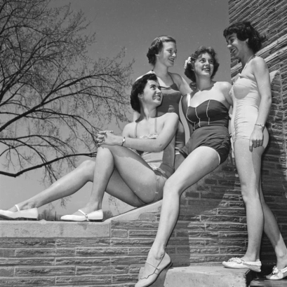 Young women models pose in swimming suits at the Lakewood Pool, in Lakewood (Jefferson County), Colorado.
