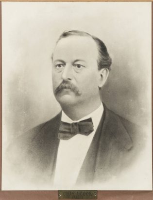 Studio portrait of Charles A. Cook, Mayor of Denver, Colorado, from 1861 to 1863.  He has a mustache, and wears a coat and bow tie.