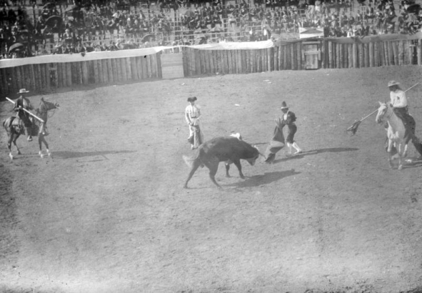 The bullfight on August 24 or 25, 1895, takes place in the bullring built at the race track in Gillett, Colorado, for the occasion. Joe Wolfe was the organizer of the event which caused a scandal because of its cruelty to animals. A bullfighter waves his cape at the bull, who paws the ground, while the matador looks on. The mounted picadors carry lances; one of the horsemen is seven-foot-tall, long-haired Charlie Meadows, Joe Wolfe's partner. Spectators are in the stands behind the wood fence.